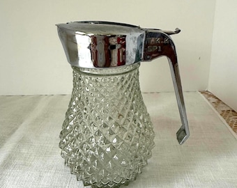 Vintage Glass Syrup Dispenser with Chrome Lid – Mid Century Diner Style with Diamond Point Pattern,