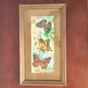Vintage Butterfly Painting. Framed under glass & ready to hang. These cheerful creatures appear in vibrant colors. Signed by the artist. image 1