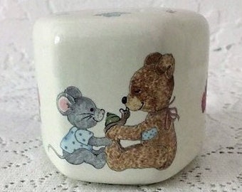 Vintage Bank for a Child. Adorable ceramic coin bank features a teddy bear, mouse, and snail. Soft plastic stopper. Great little gift!