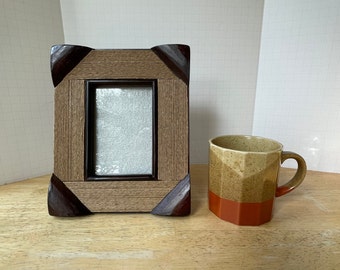 Masculine photo frame. Wide sides of natural, tan sisal cord and brown wood + glass. Unusual. Holds 5-1/2 x 3-1/2" photo. Father's Day Gift.