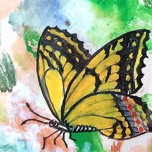 Vintage Butterfly Painting. Framed under glass & ready to hang. These cheerful creatures appear in vibrant colors. Signed by the artist. image 3