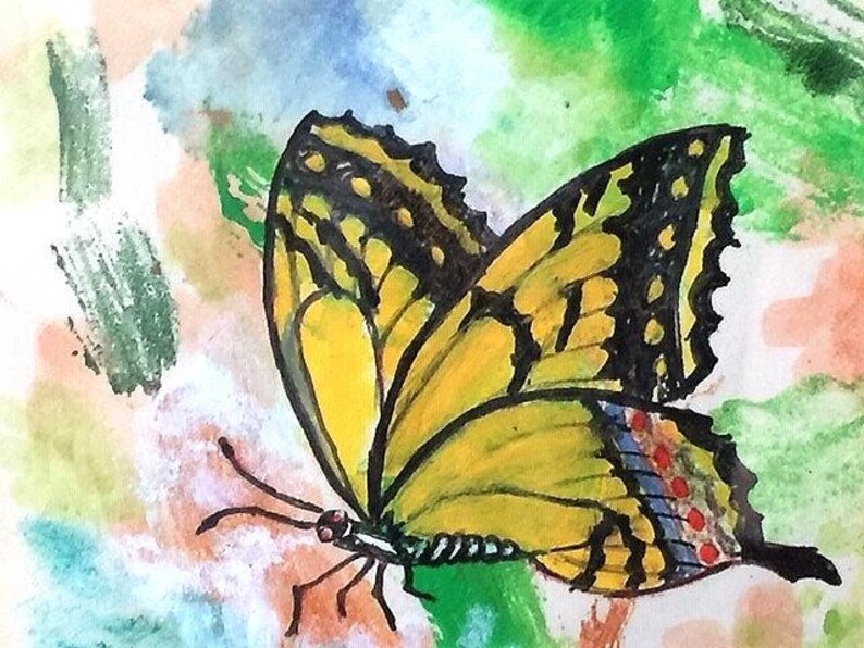 Vintage Butterfly Painting. Framed under glass & ready to hang. These cheerful creatures appear in vibrant colors. Signed by the artist. image 3