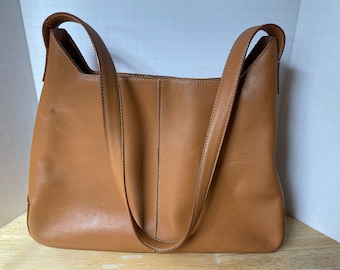 Tan Leather Bag labeled Talbots. Handbag or Shoulder Bag with flat bottom, zippered top & interior pocket. Structured vintage purse.