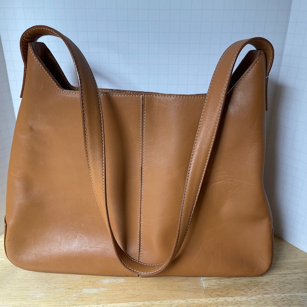 Tan Leather Bag labeled Talbots. Handbag or Shoulder Bag with flat bottom, zippered top & interior pocket. Structured vintage purse.