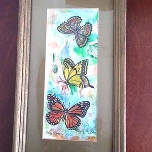 Vintage Butterfly Painting. Framed under glass & ready to hang. These cheerful creatures appear in vibrant colors. Signed by the artist. image 5