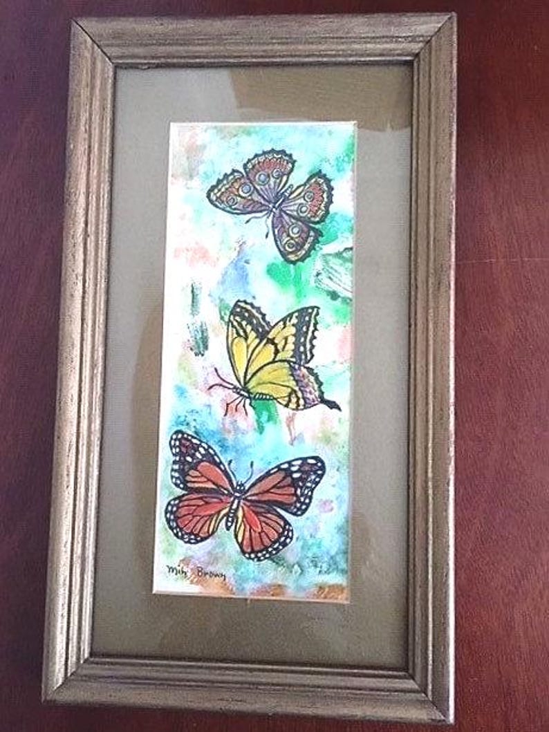 Vintage Butterfly Painting. Framed under glass & ready to hang. These cheerful creatures appear in vibrant colors. Signed by the artist. image 5