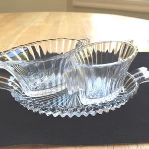 Vintage Heisey Crystal Creamer & Sugar with matching tray. 1930s Ridgeleigh pattern, Elegant Depression Era Glass. Individual serve set.