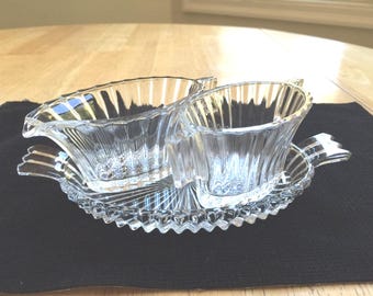 Vintage Heisey Crystal Creamer & Sugar with matching tray. 1930s Ridgeleigh pattern, Elegant Depression Era Glass. Individual serve set.