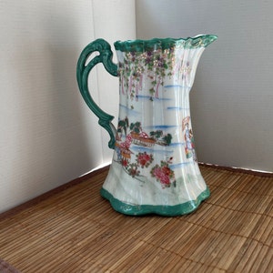 Antique Geisha Girl Chocolate Pot from pre-war Japan, white porcelain with green and gold trim and an unusual shape. Beautiful for flowers.