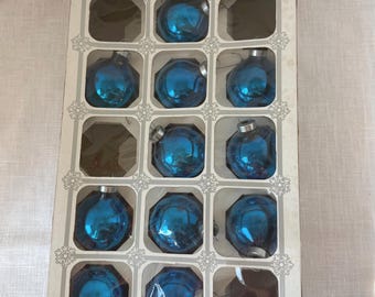 BLUE GLASS TREE Ornaments. Set of 11 Blown Glass Balls in original box. 1-3/4" diameter each. "Holly" brand. Vintage.