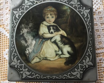 Dog & Girl Tin Box, Thorne's Toffee, Leeds, England, "Love Me -- Love My Dog" litho by Joshua Reynolds on lid..