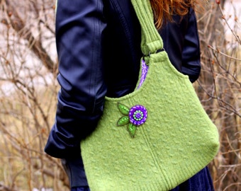 Handmade Spring Green Felted Purse Green Wool Purse Upcycled Purse Embellished Purse Purple Flower Purse