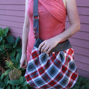 purse,tote, handbag,carry on,crossbody,handmade,plaid,red,grey,recycle,repurpose,large bag,travel bag, image 1