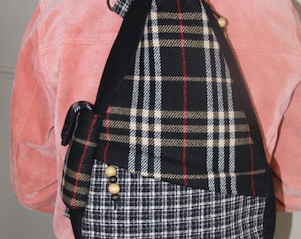 backpack, crossbody,plaid,wool,recycle,handmade,repurpose,black