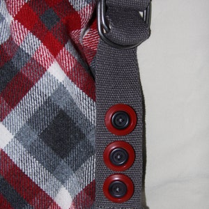 purse,tote, handbag,carry on,crossbody,handmade,plaid,red,grey,recycle,repurpose,large bag,travel bag, image 3