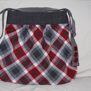 purse,tote, handbag,carry on,crossbody,handmade,plaid,red,grey,recycle,repurpose,large bag,travel bag, image 2