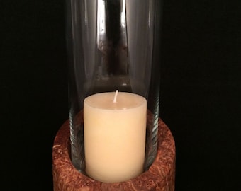 Glass Hurricane Candle Holder | Sleek Modern Design with Gorgeous Hand-Turned Maple Burl Wood Base | Unique Handcrafted Decor | Great Gift