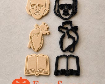Conjunto de cortadores de biscoito com o livro de Edgar Allan Poe e um coração
