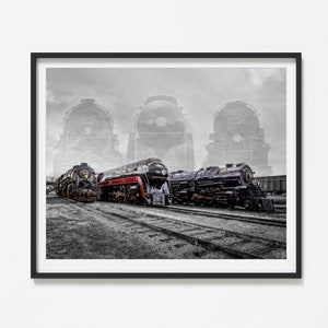May include: Three black steam locomotives on a track with a faded image of three more steam locomotives in the background. The locomotives are in black and white except for the red stripe on the middle locomotive.
