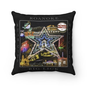 May include: Black and white throw pillow with a collage of images from Roanoke, Virginia. The pillow features the text "Roanoke" and "Big Lick" and images of buildings, signs, and a large star.