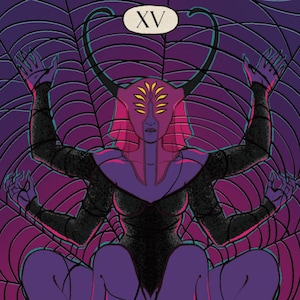 May include: A tarot card depicting "The Devil." The image shows a purple, spider-like entity with multiple limbs, set against a webbed backdrop. The card's title is at the bottom, with the Roman numeral XV at the top.
