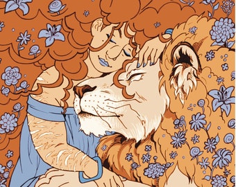 May include: A woman with long, curly orange hair is gently holding a lion. The woman and lion are surrounded by blue and orange flowers. The text "STRENGTH" is written below the image.