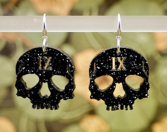 Ninth House Black Glitter Skull Earrings