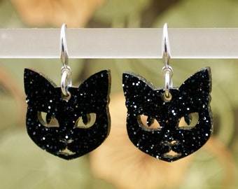Black Glitter Cat Head Earrings