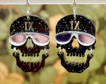 Black Sparkle Gideon Skull Earrings