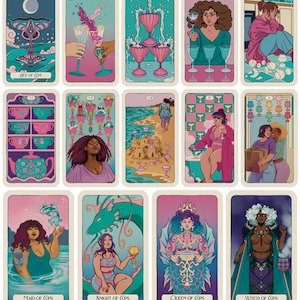 May include: A collection of tarot cards featuring illustrations in a pastel color palette. Each card depicts a different scene with figures, cups, and symbolic imagery. The cards include titles such as "Ace of Cups," "Maid of Cups," and "Knight of Cups."
