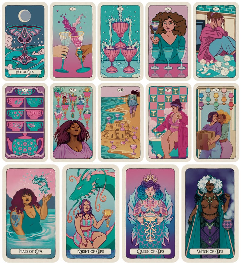 May include: A collection of tarot cards featuring illustrations in a pastel color palette. Each card depicts a different scene with figures, cups, and symbolic imagery. The cards include titles such as "Ace of Cups," "Maid of Cups," and "Knight of Cups."