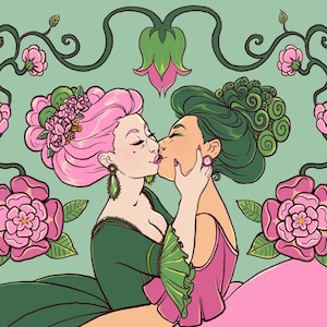 May include: Two women with pink and green hair are kissing. They are surrounded by pink flowers and green vines. The woman on the left is wearing a green dress and the woman on the right is wearing a pink dress.
