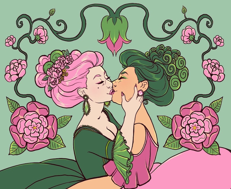 May include: Two women with pink and green hair are kissing. They are surrounded by pink flowers and green vines. The woman on the left is wearing a green dress and the woman on the right is wearing a pink dress.