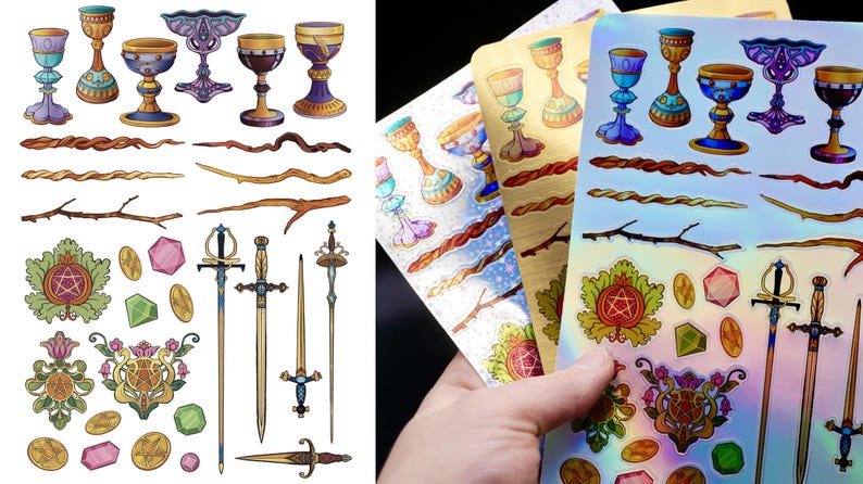 May include: A collection of stickers featuring various mystical and fantasy-themed illustrations. The stickers include chalices, wands, swords, and decorative floral and geometric elements in a variety of colors, including gold, blue, and purple.