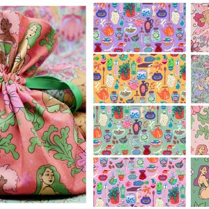 May include: A drawstring bag with a pink floral and figure pattern, featuring green accents. The bag is tied with a green ribbon. The image also shows various fabric patterns with botanical and figure designs in multiple colors.