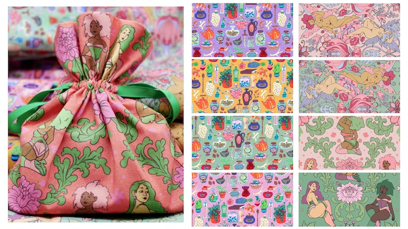 May include: A drawstring bag with a pink floral and figure pattern, featuring green accents. The bag is tied with a green ribbon. The image also shows various fabric patterns with botanical and figure designs in multiple colors.