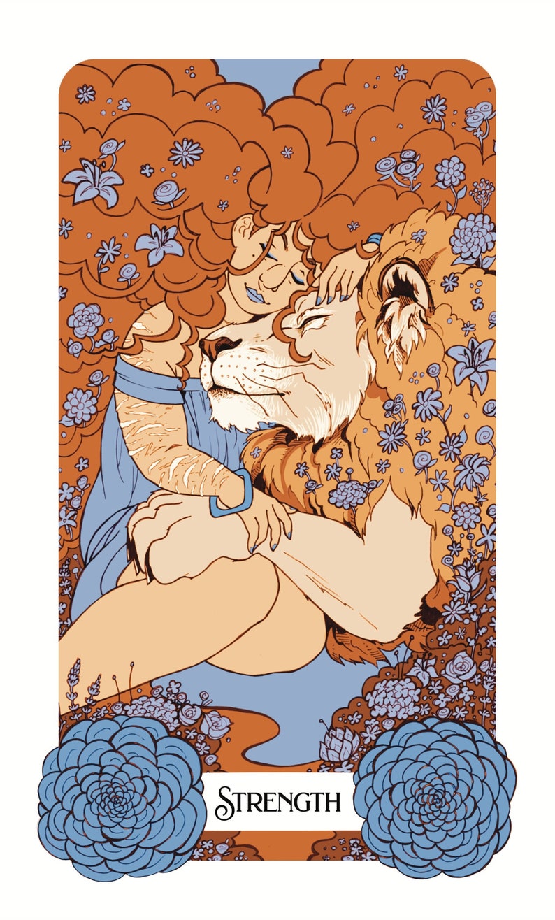 May include: A woman with long, curly orange hair is gently holding a lion. The woman and lion are surrounded by blue and orange flowers. The text "STRENGTH" is written below the image.