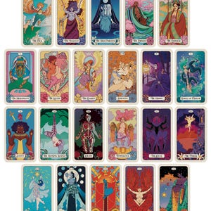 May include: A collection of 22 tarot cards with colorful illustrations. Each card features unique artwork and titles such as "The Fool," "The Magician," and "The Lovers." The cards have a vintage, art nouveau style with a cream-colored border.