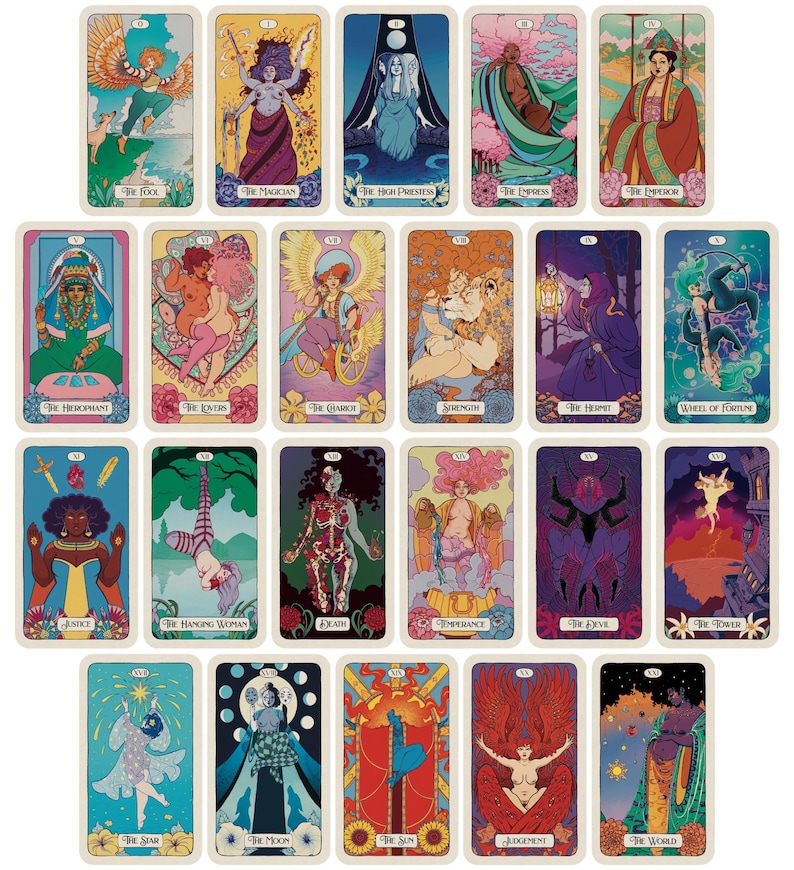 May include: A collection of 22 tarot cards with colorful illustrations. Each card features unique artwork and titles such as "The Fool," "The Magician," and "The Lovers." The cards have a vintage, art nouveau style with a cream-colored border.