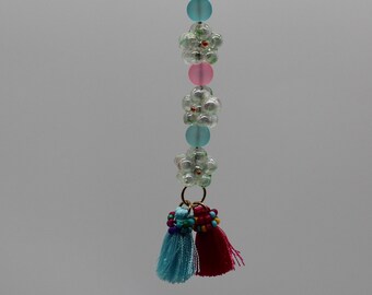 Hippie Bo Ho Chic Flowers Rear View Mirror Car Charm Crystals Blue Pink Tassel 421