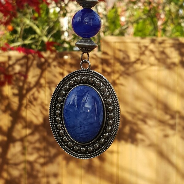 Cobalt Blue Marbled Beaded Antique Look Rear View Mirror Car Charm Gift Idea