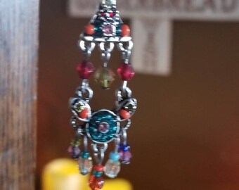 Petite Middle Eastern Indian Colorful Silver Red Rear View Mirror Car Charm Car Accessory Crystal Bling Dangle Gift Idea