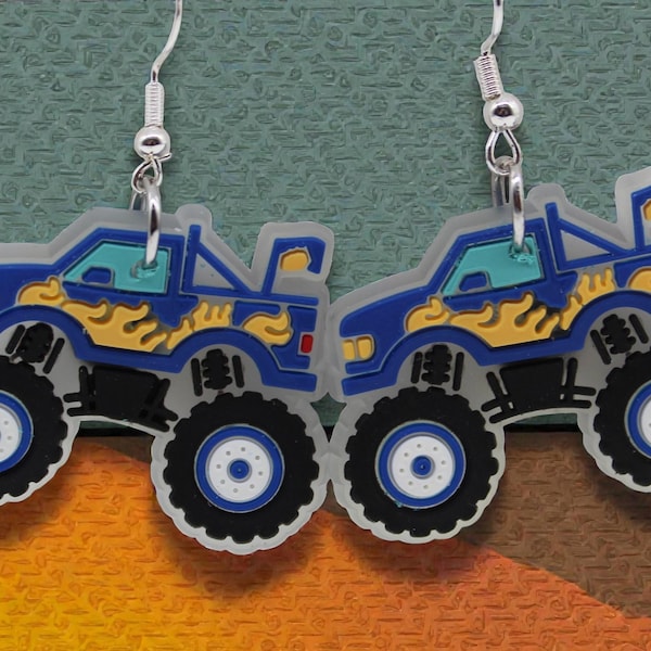 Elige un par de pendientes de camión monstruo, de metal, novedosos, colgantes, con gancho plateado, de plástico PVC, ligeros, SKU 027