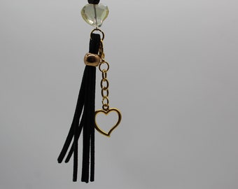 Hippie Bo Ho Chic Gold Heart Leather Tassel Rear View Mirror Car Charm Black Crystals