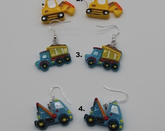 You Choose Truck Earrings Gift Novelty Dangle Drop Silver 925 Hooks Dump Fire Back Hoe Tow Truck Garbage Truck SKU 029