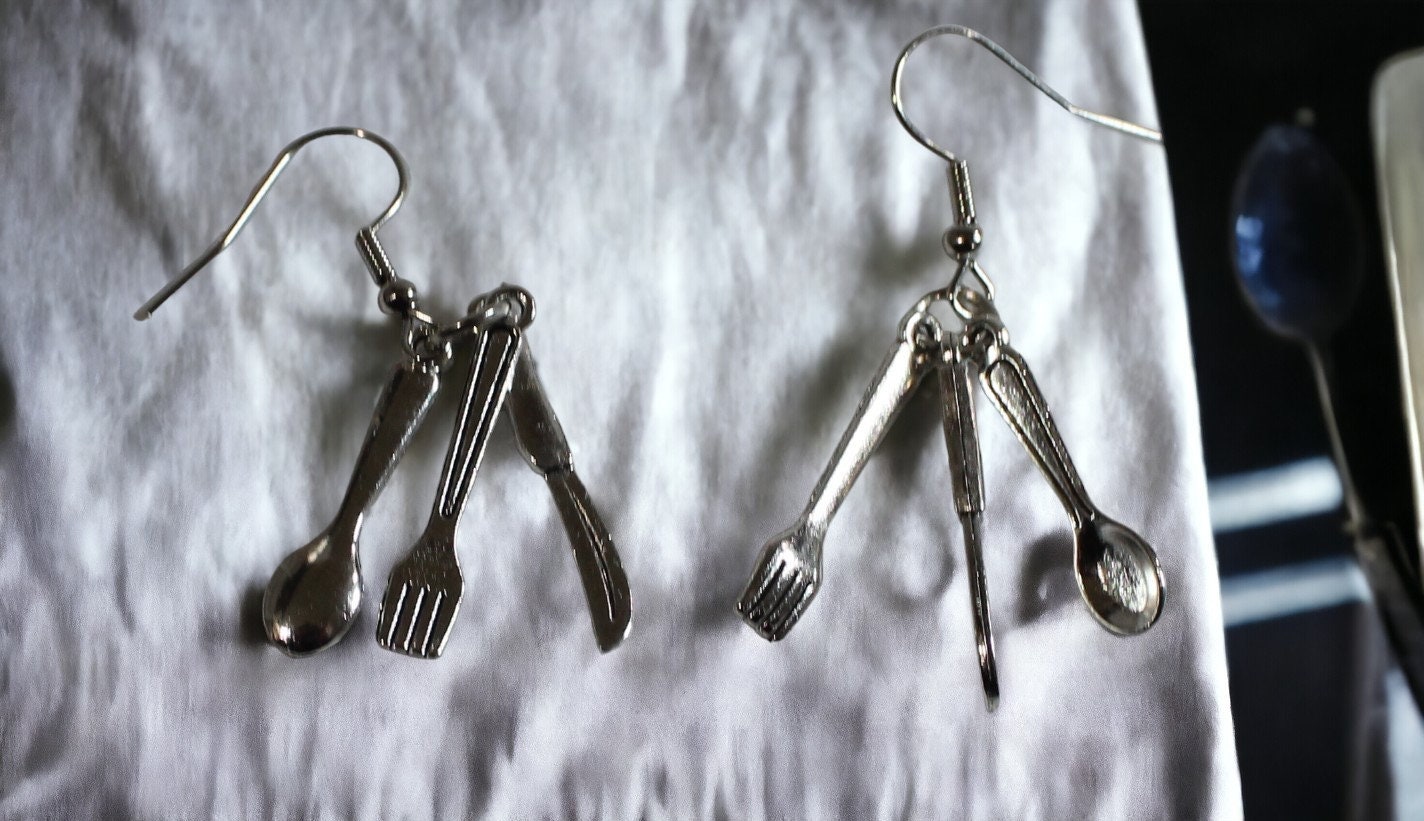 Pair Silver Miniature Utensils Earrings Hypoallergenic Hook Waitress Server Foodie Gift Food Novelty Dangle fork Knife Spoon