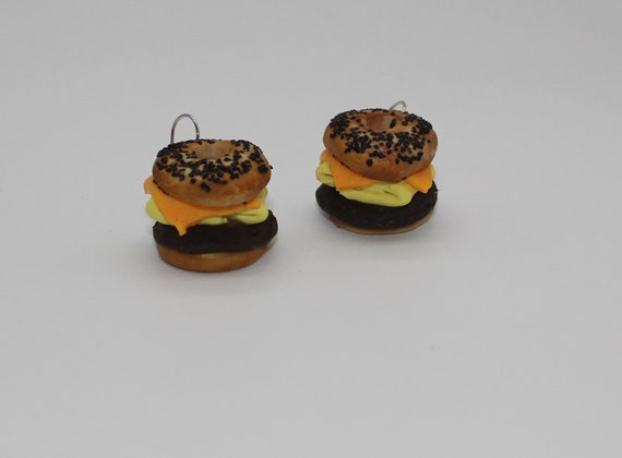 Pair of Sesame Seed Bagel Breakfast Sandwich Earrings Eggs Cheese Sausage Patties Hypoallergenic Earring Hooks Polymer Clay Dangle Hook