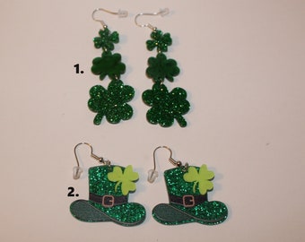 You Choose St Patrick's Day Hypoallergenic Earrings Gift Novelty Dangle Drop 4 Leaf Clovers Glittery Leprechaun Hat Green SKU 015