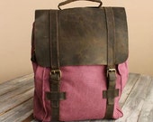 Rose Red Leather-Canvas Backpack / IPAD Bag / Laptop Bag / School Bag / Women's and Men's  Bag / Travel Bag / Unisex Backpack