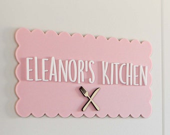 Personalised Kids Kitchen Sign Plaque | Nursery Bedroom Door Sign | Scalloped Rectangle Acrylic Backing with Custom Name | Laser Cut